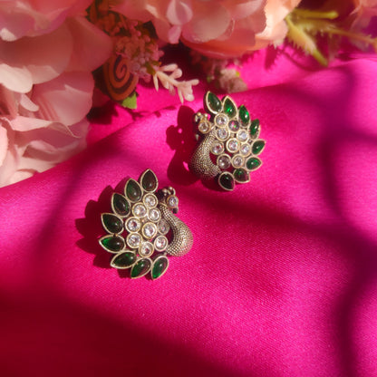Green Stone Stud Peacock Silver Earrings