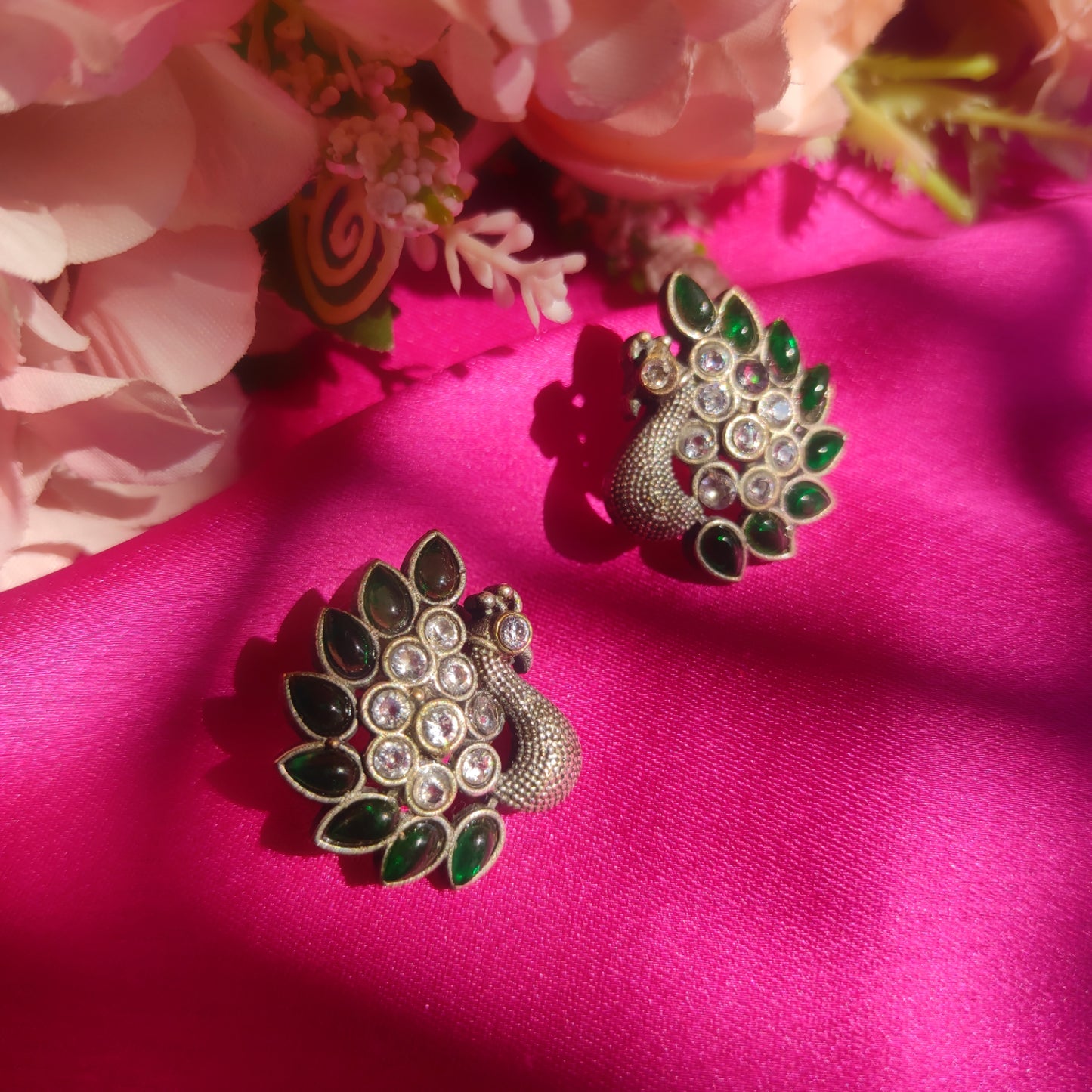 Green Stone Stud Peacock Silver Earrings