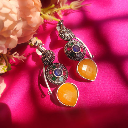 Colourful Peacock Silver Oxidised Earrings in Yellow
