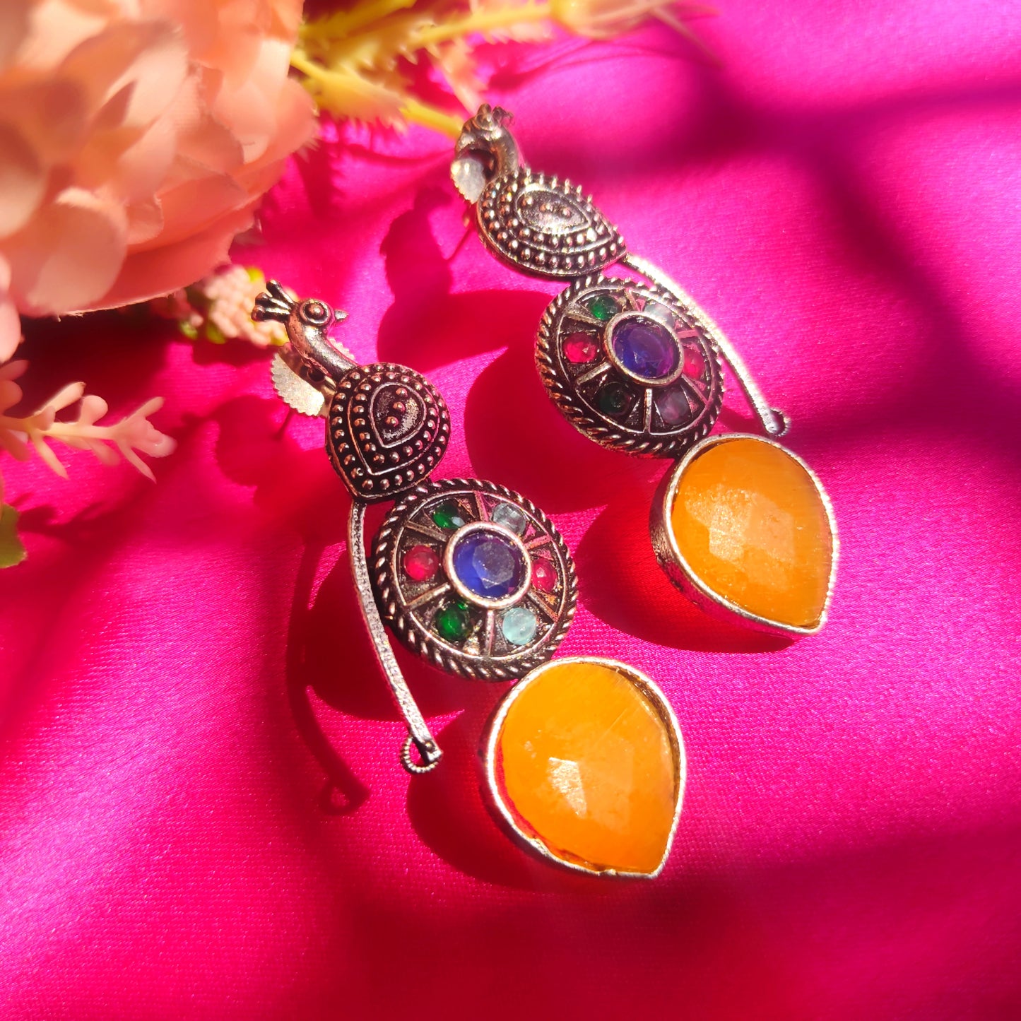 Colourful Peacock Silver Oxidised Earrings in Yellow