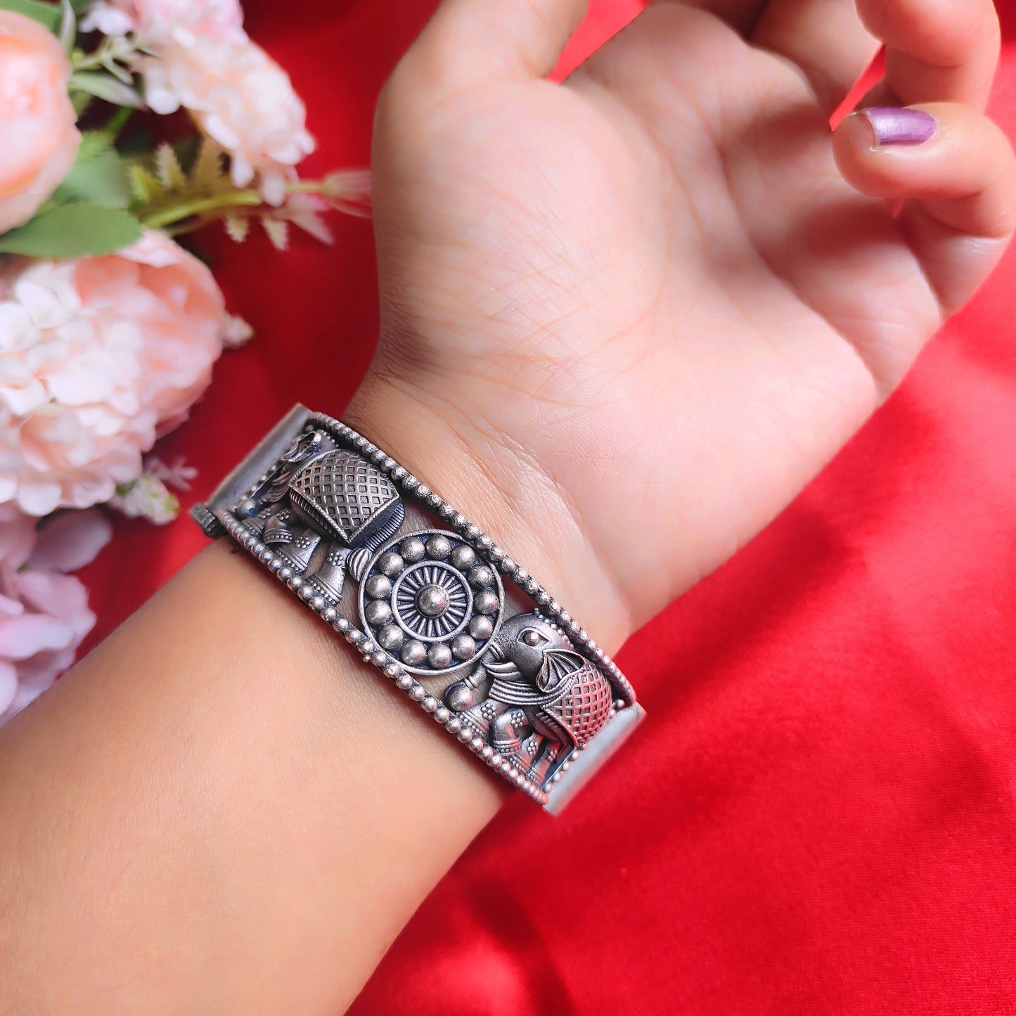 Silver Oxidised Brass Bangle Bracelet Elephant Kada for Women