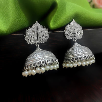 Classical leaf motif Silver Oxidised Jhumkas