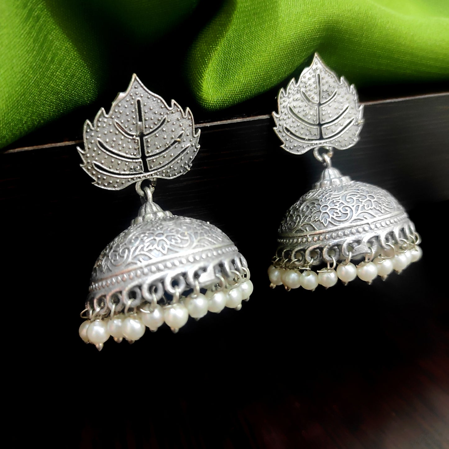 Classical leaf motif Silver Oxidised Jhumkas