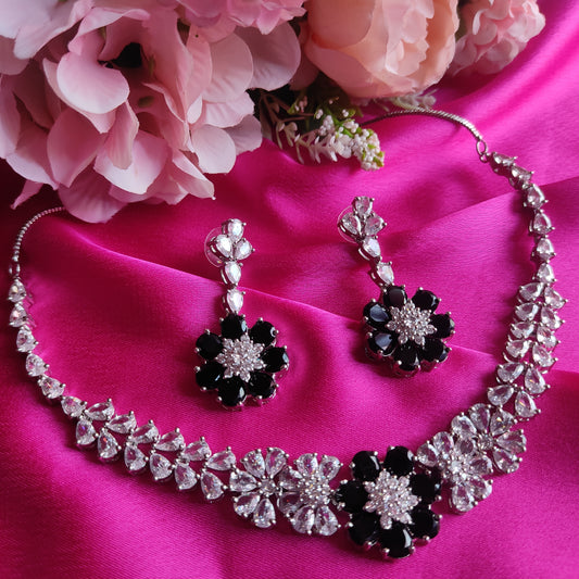 White & Black AD Floral Pendant stone Necklace set