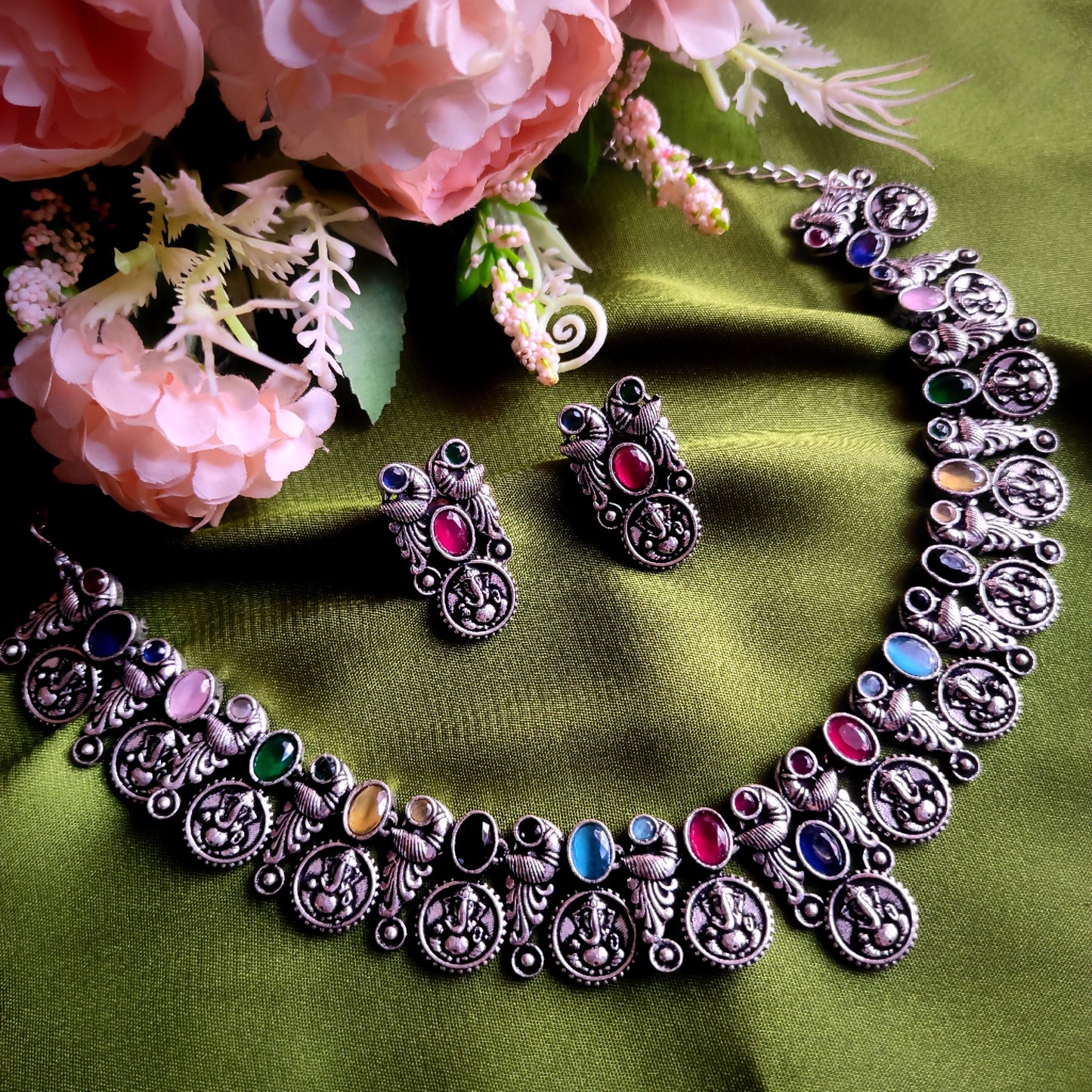 Silver Oxidised Ganesh Motif Multicolour Necklace Set