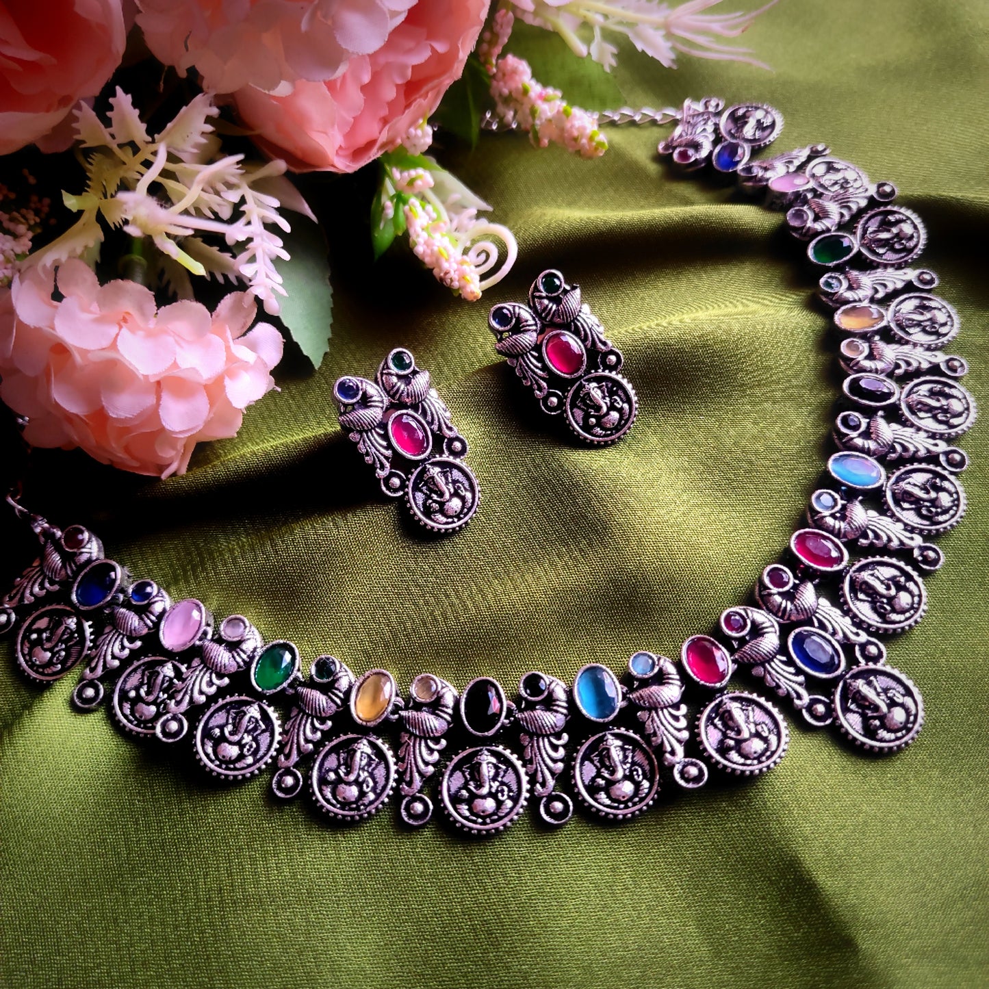 Silver Oxidised Ganesh Motif Multicolour Necklace Set