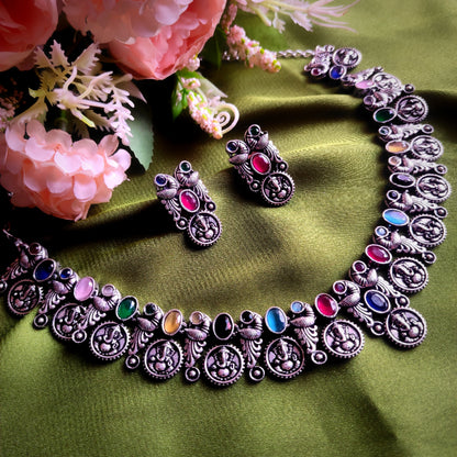 Silver Oxidised Ganesh Motif Multicolour Necklace Set