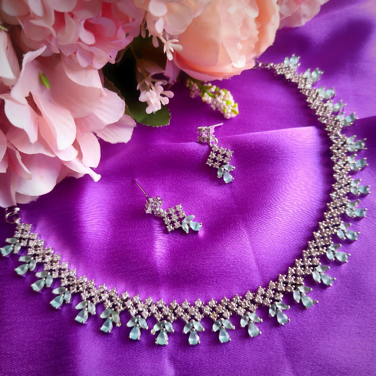White & Mint Green AD Stone Choker Necklace Set