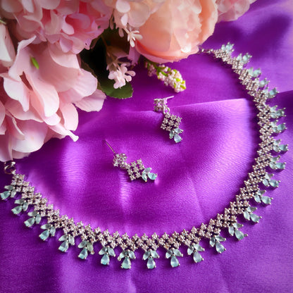 White & Mint Green AD Stone Choker Necklace Set