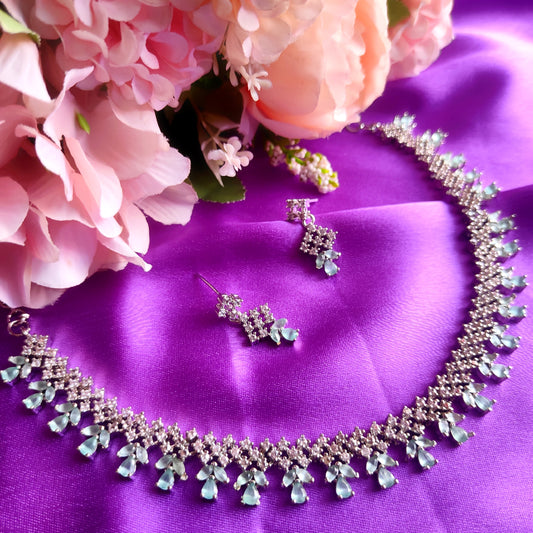 White & Mint Green AD Stone Choker Necklace Set