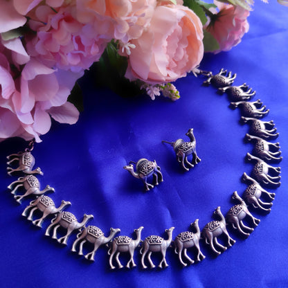 Silver Oxidised Camel Design Necklace Set