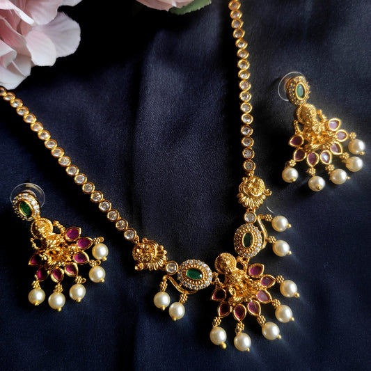 Premium quality short necklace set with lakshmi devi motif