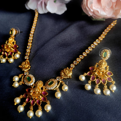 Premium quality short necklace set with lakshmi devi motif