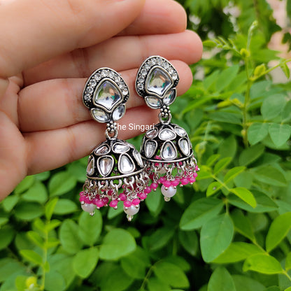 Silver kundan jhumki earrings in pink