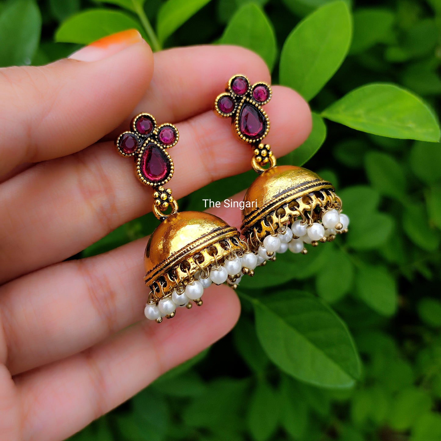 Temple wear jhumki earrings in Pink