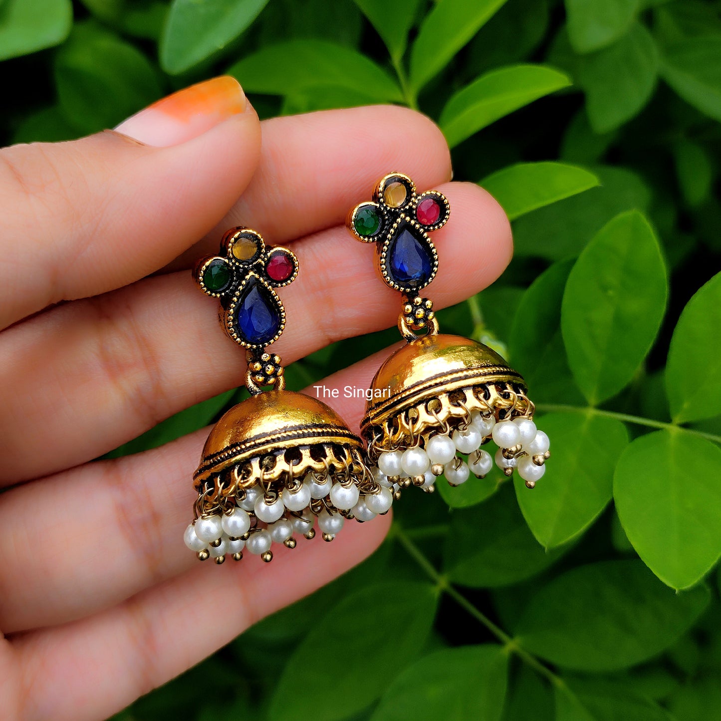 Temple wear jhumki earrings in multicolour