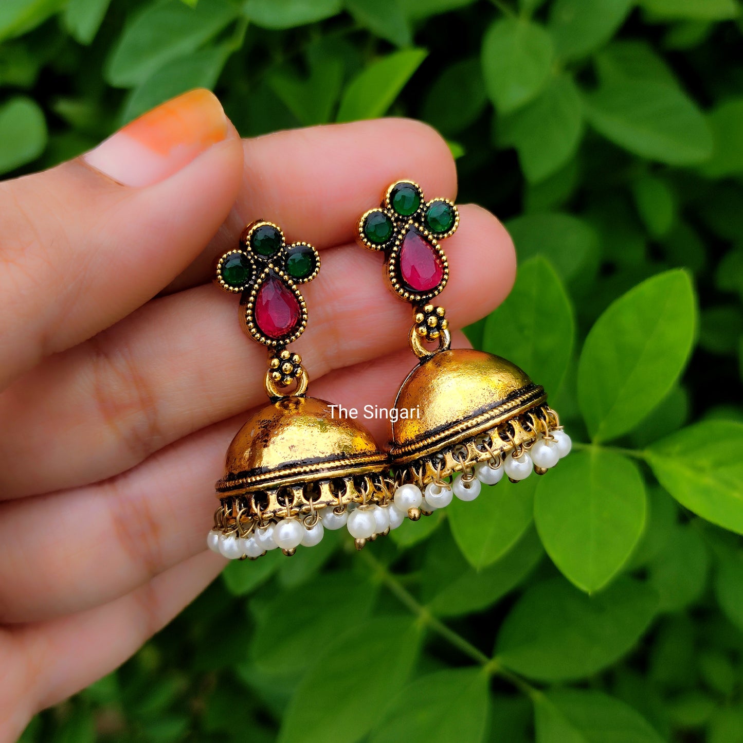 Temple wear jhumki earrings in Green & Pink