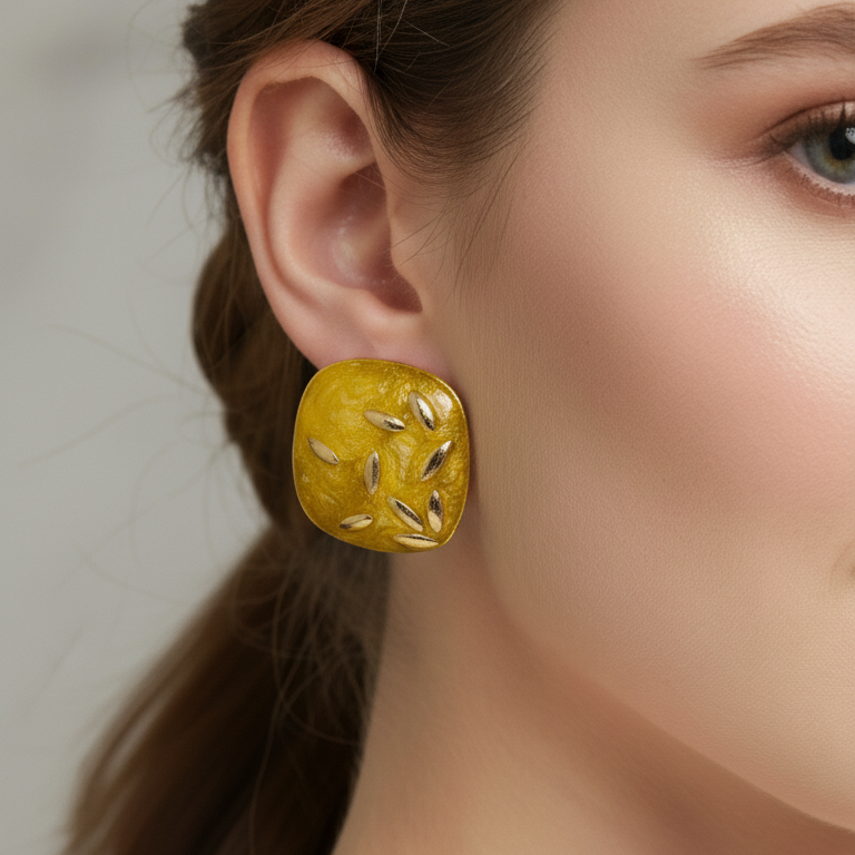 Close-up of a woman wearing a yellow earring with a blurred background