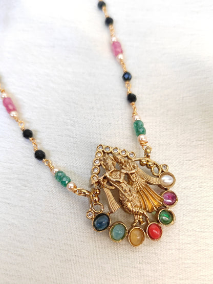 Navaratna Krishna Pendant Black Beads Chain | Traditional Gold Finish Necklace