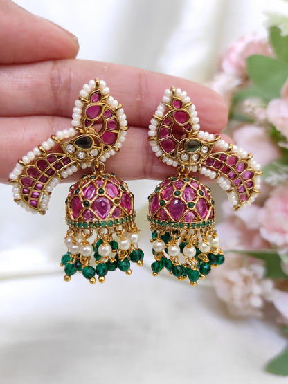 Peacock Design Ruby Pink & Emerald Green Stone Jhumka Earrings with Pearls