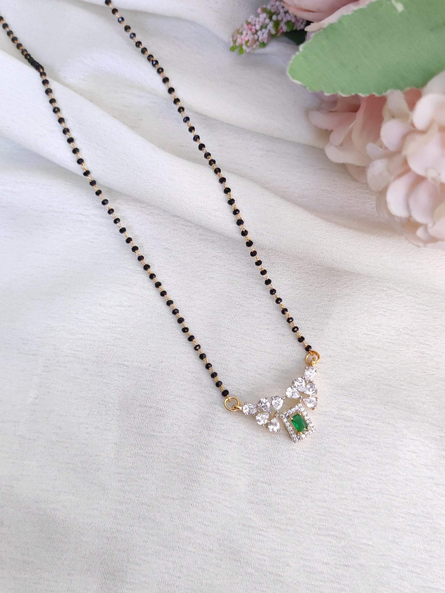 Emerald Green Rectangle AD Pendant Black Bead Chain – Elegant Mangalsutra Chain