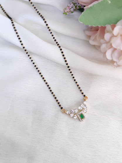 Emerald Green Rectangle AD Pendant Black Bead Chain – Elegant Mangalsutra Chain