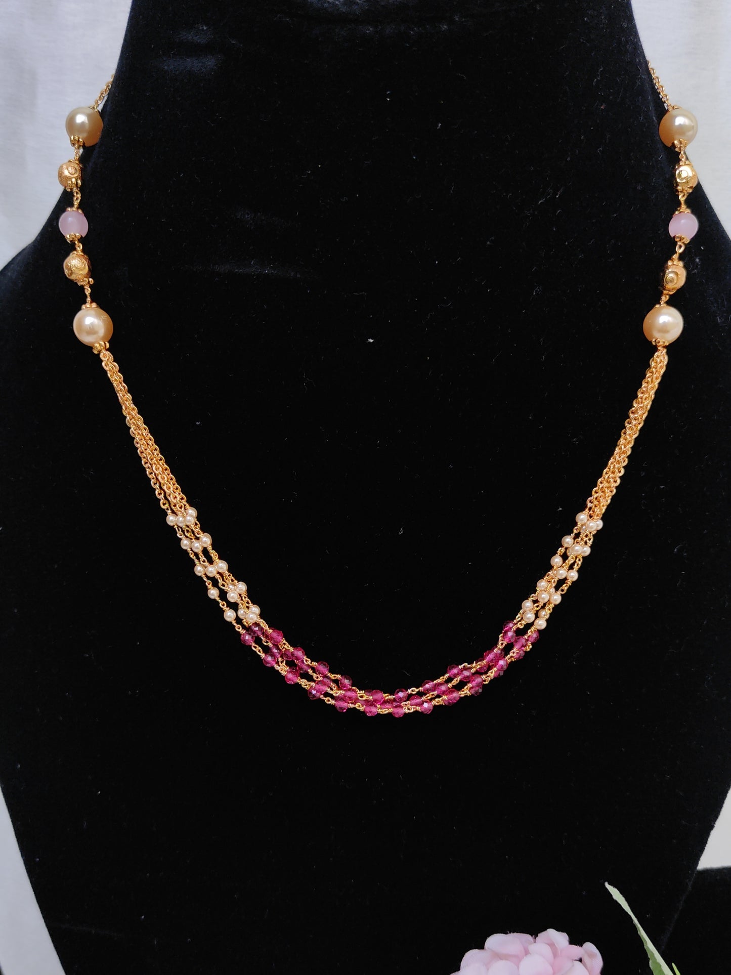 Ruby Beaded Multi-Strand Necklace for Women | Gold Chain Pearl Elegant Necklace