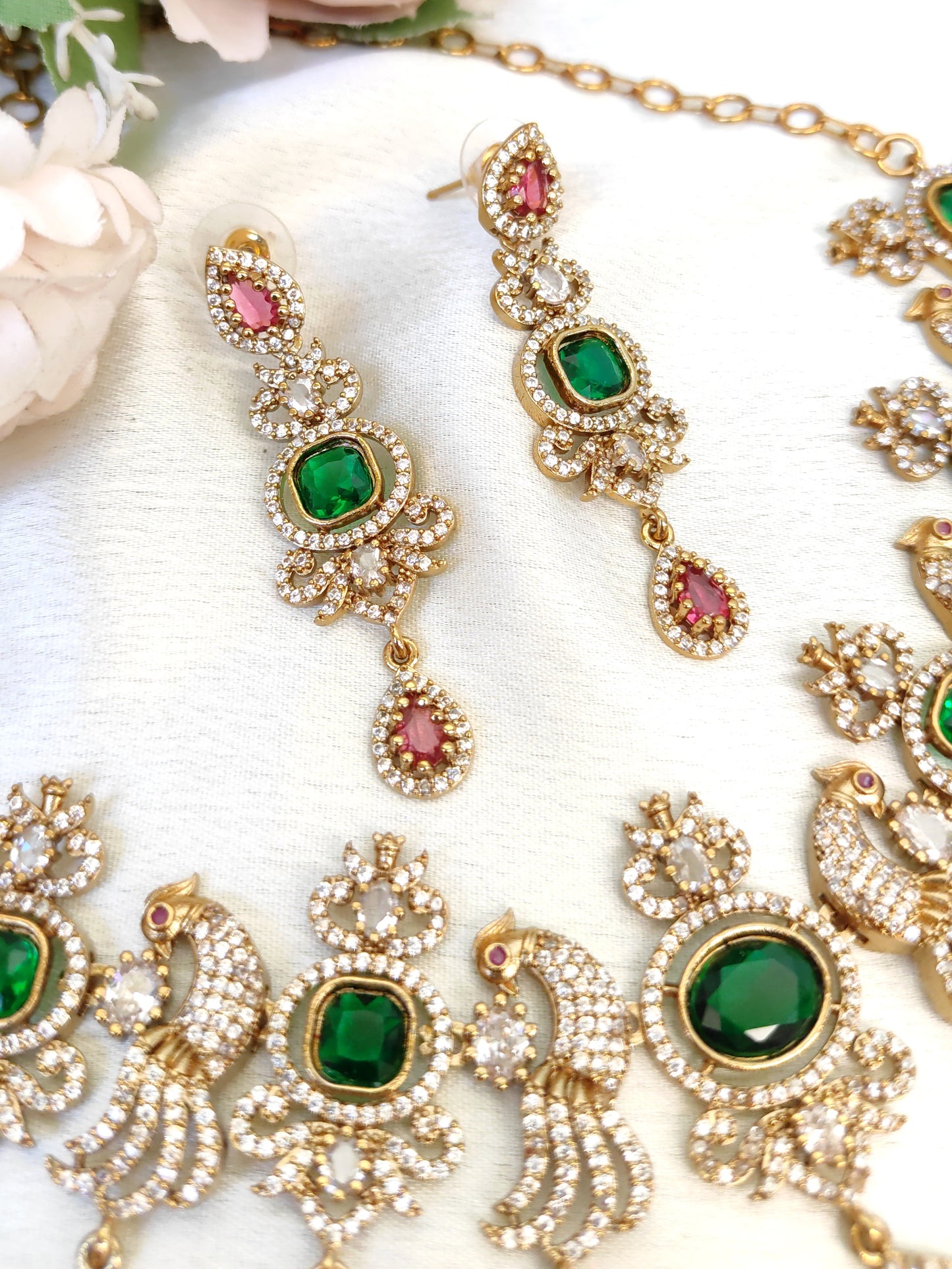 Bridal Peacock Motif Necklace Set | Green CZ Stones & Pink Tear Drops