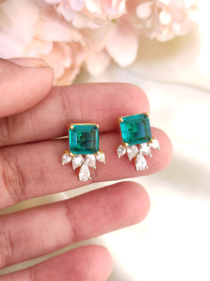 Green Stud Earrings with Crystal Drops | Gold-Plated Daily Wear Studs
