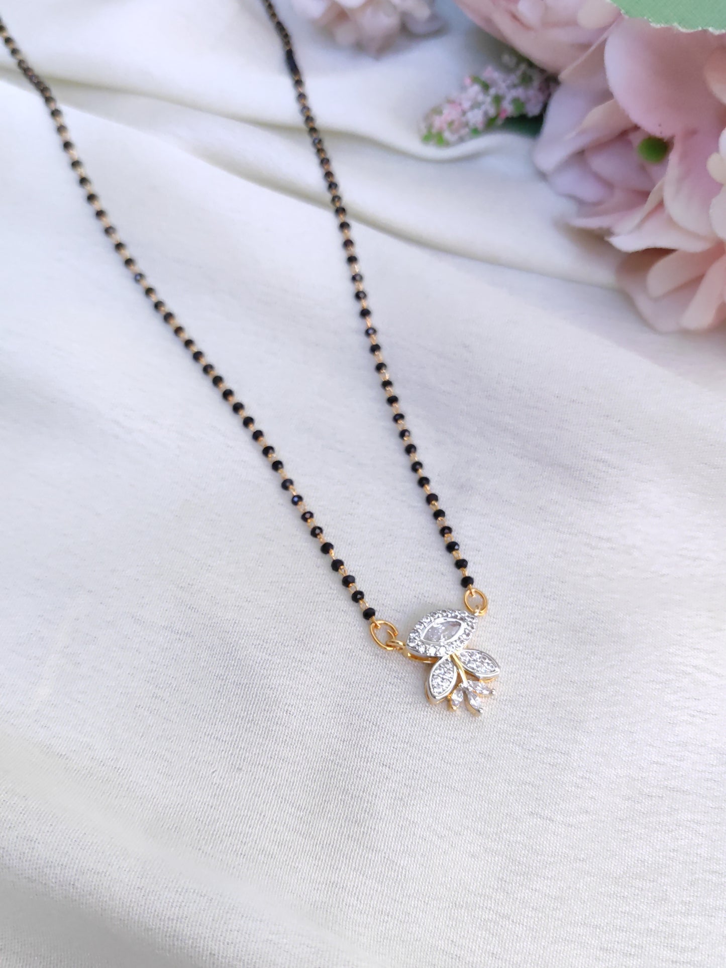 Leaf Design White AD Pendant Black Bead Chain – Minimal Gold Finish Necklace