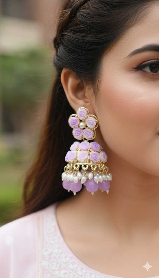 Lavender Rose Floral Beaded Jhumkas – Vibrant & Handmade Look