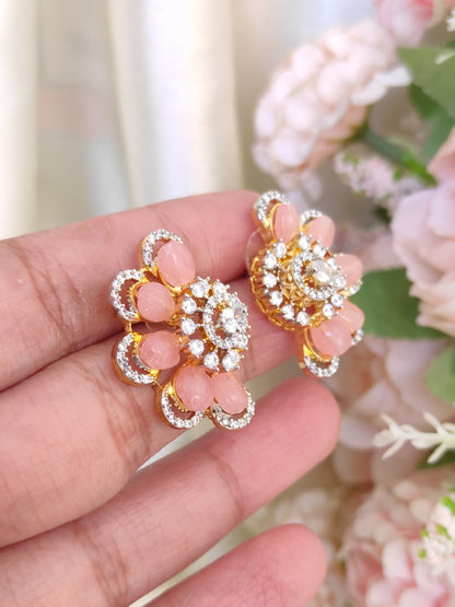 Blush Pink Crystal Bloom Stud Earrings | Premium One Gram Gold Polish | Festive & Daily Wear