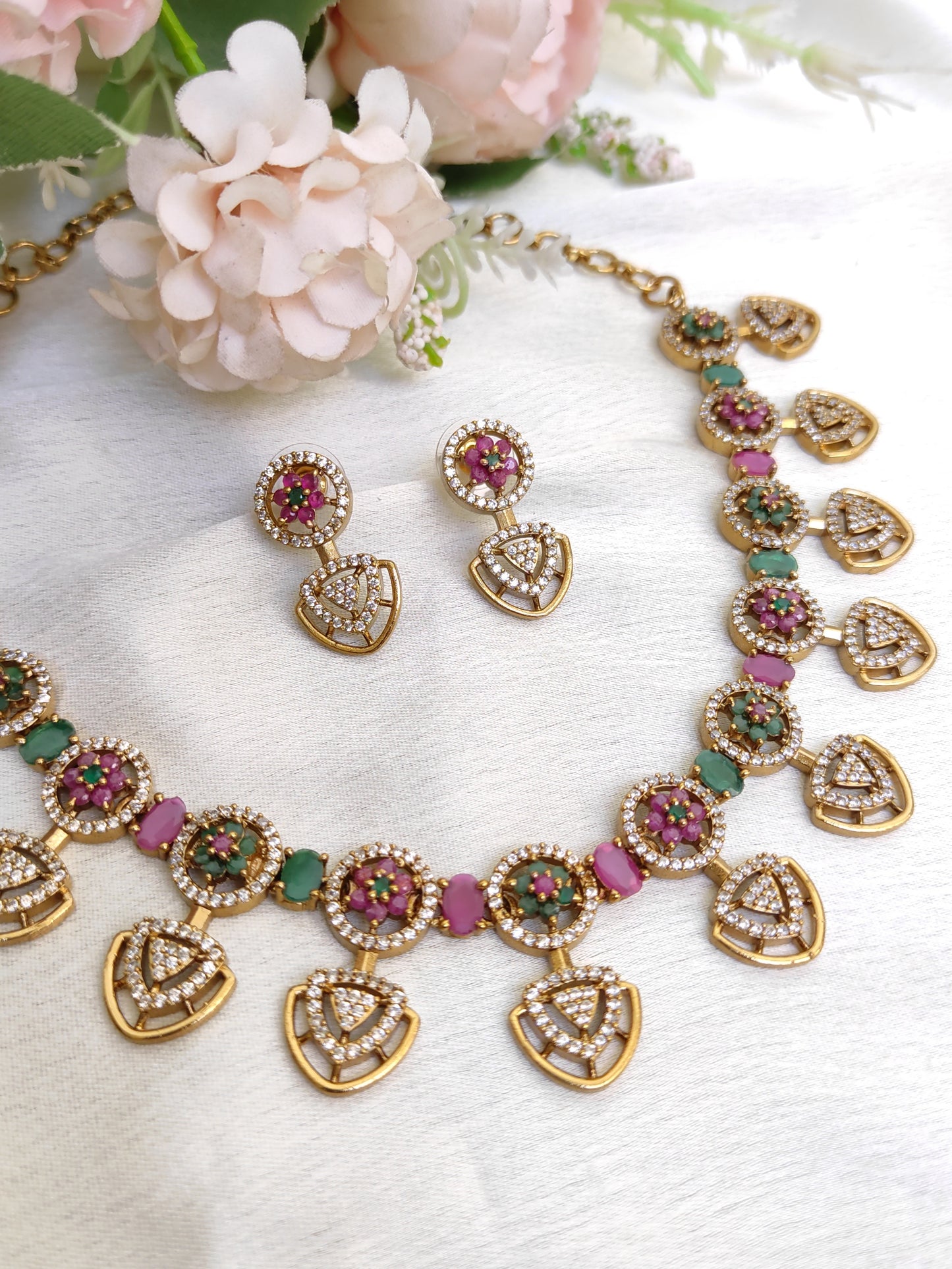 Ruby Emerald Floral Motif Necklace Set – Premium Finish