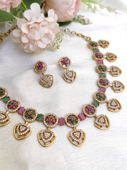 Ruby Emerald Floral Motif Necklace Set – Premium Finish