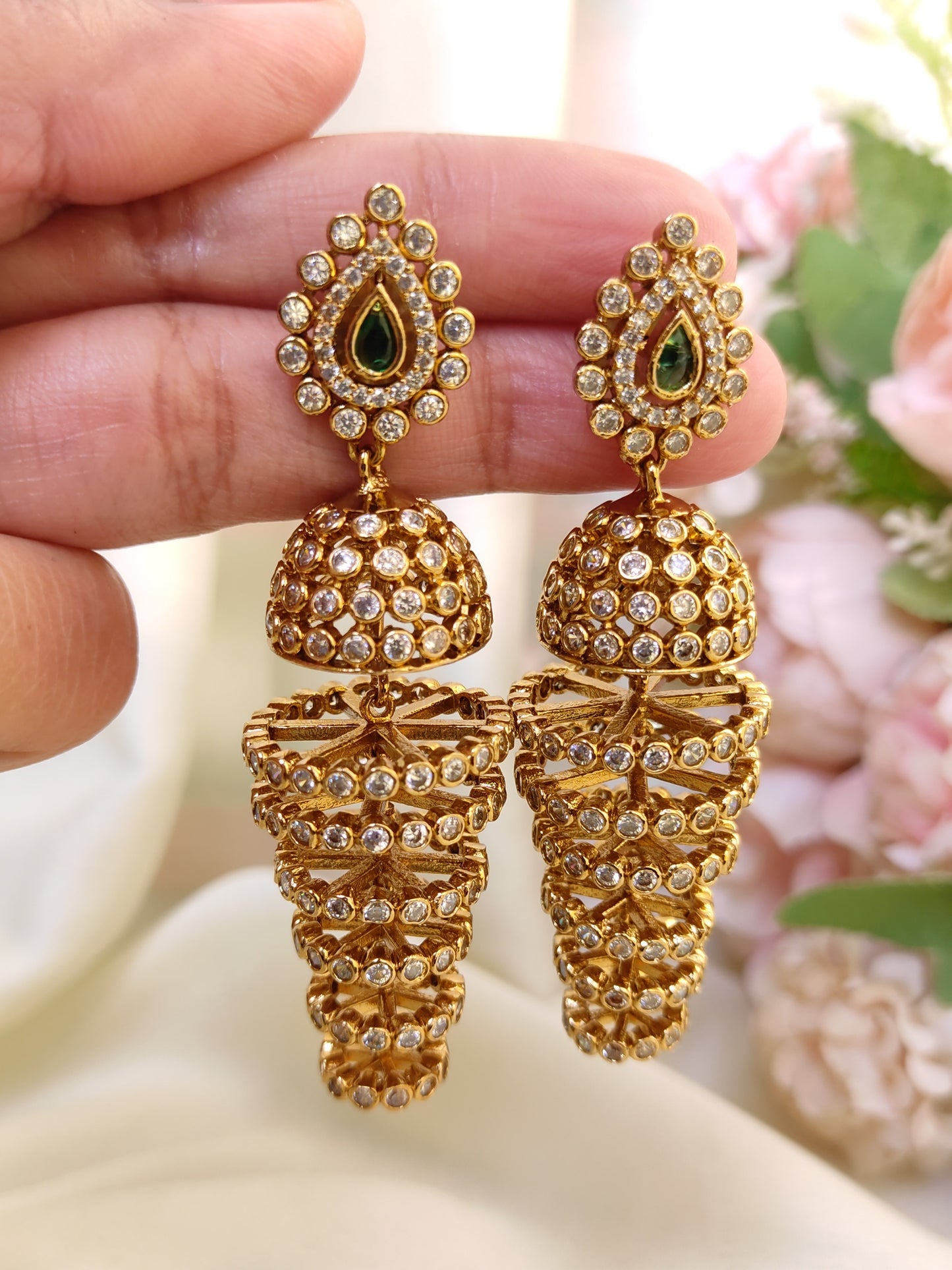 Green Stone Spiral Antique Gold Long Jhumka Earrings | Bridal & Festive Wear
