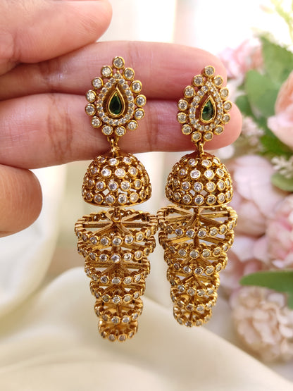 Green Stone Spiral Antique Gold Long Jhumka Earrings | Bridal & Festive Wear