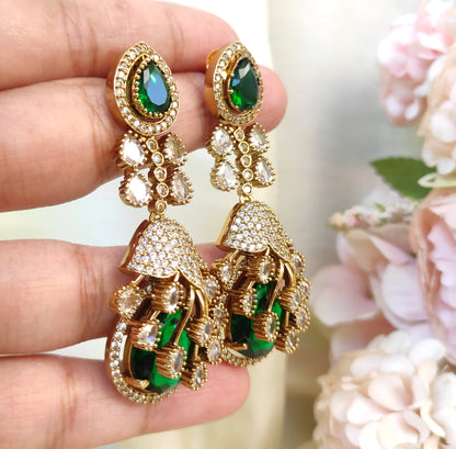 Luxury Green Crystal Dangler Earrings | Party Wear Diamond Finish Design
