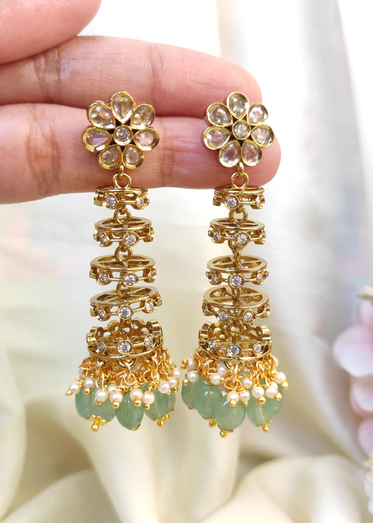 Elegant Spiral Drop Jhumkas with Kundan Work & Pearl Detailing