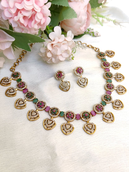 Ruby Emerald Floral Motif Necklace Set – Premium Finish
