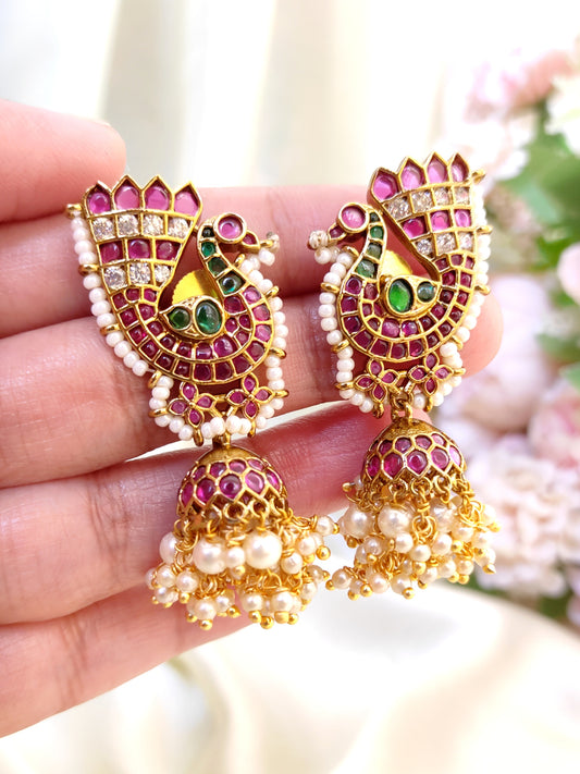 Designer Ruby Green Peacock Earrings with Pearl Clusters – Festive Collection