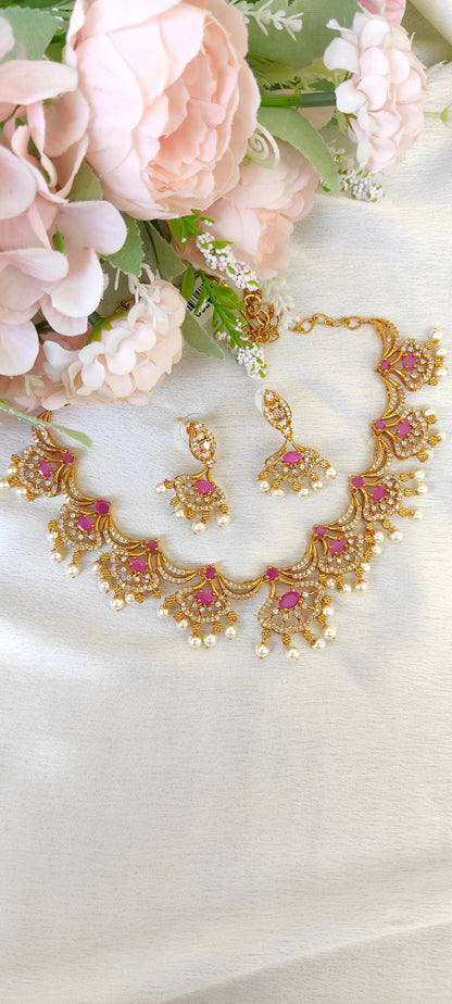 Designer necklace with earrings in Ruby colour
