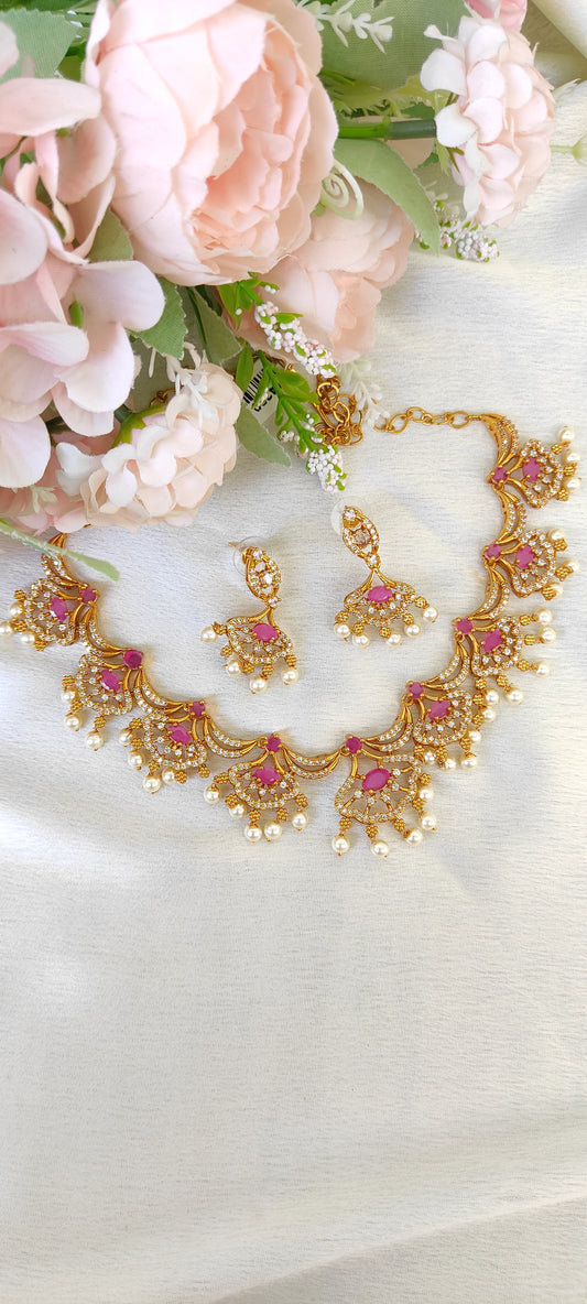 Designer necklace with earrings in Ruby colour