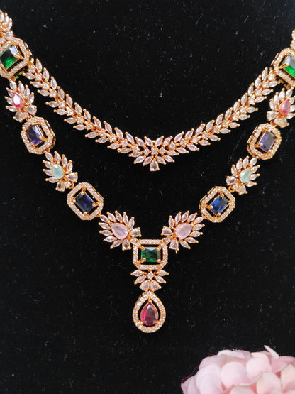 Multicolor Stone Layered Necklace Set – Premium One Gram Gold Finish Festive Wear Jewellery