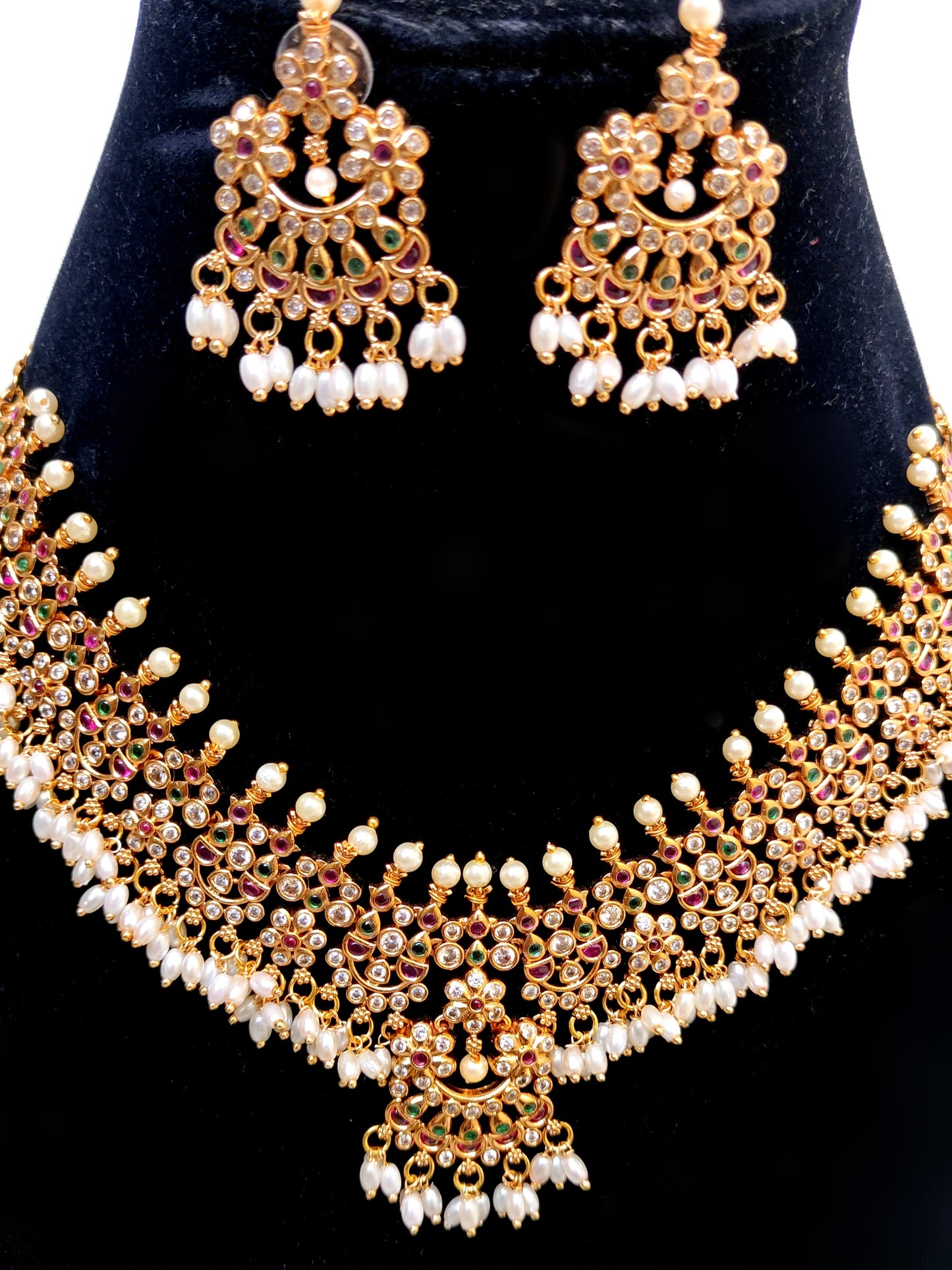 Pearl Drop Kemp Stone Bridal Necklace Set | Traditional South Indian Jewellery