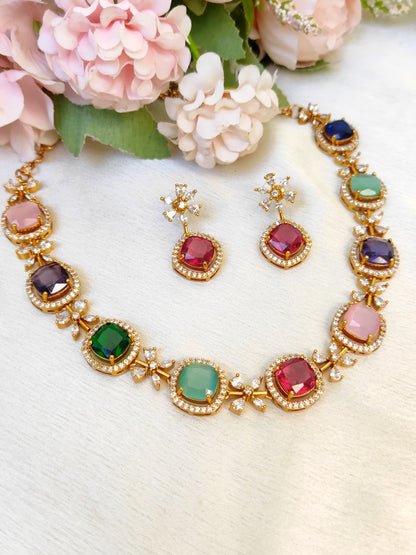 Premium Multicolor Gemstone Necklace Set | One Gram Gold Plated Jewellery