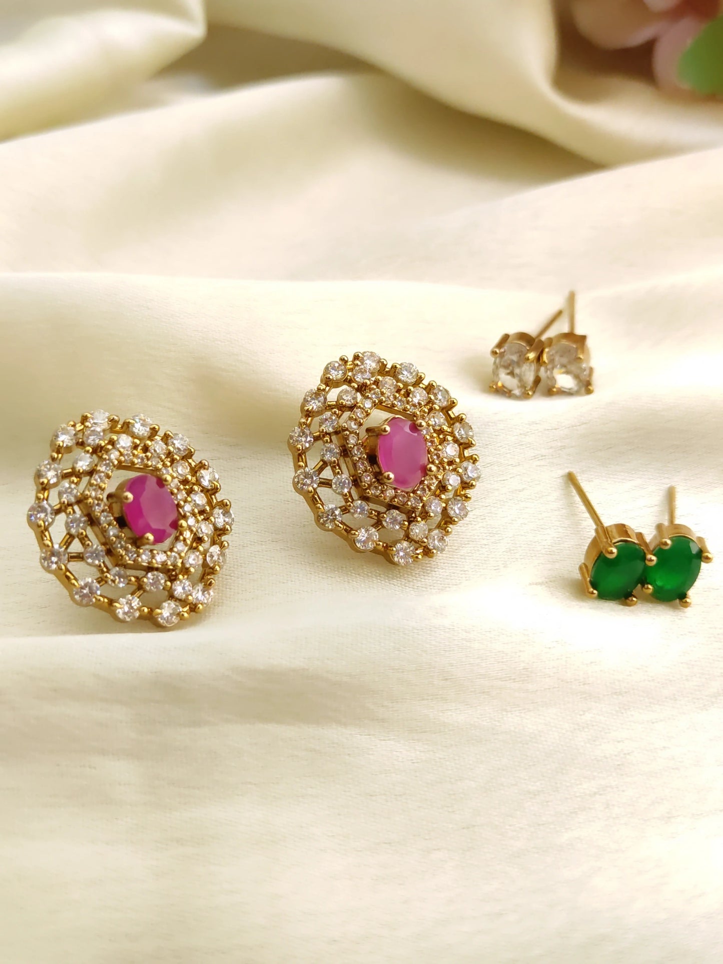 3-in-1 Colour Changeable Stone Stud Earrings – Gold Plated Crystal Daily Wear Studs