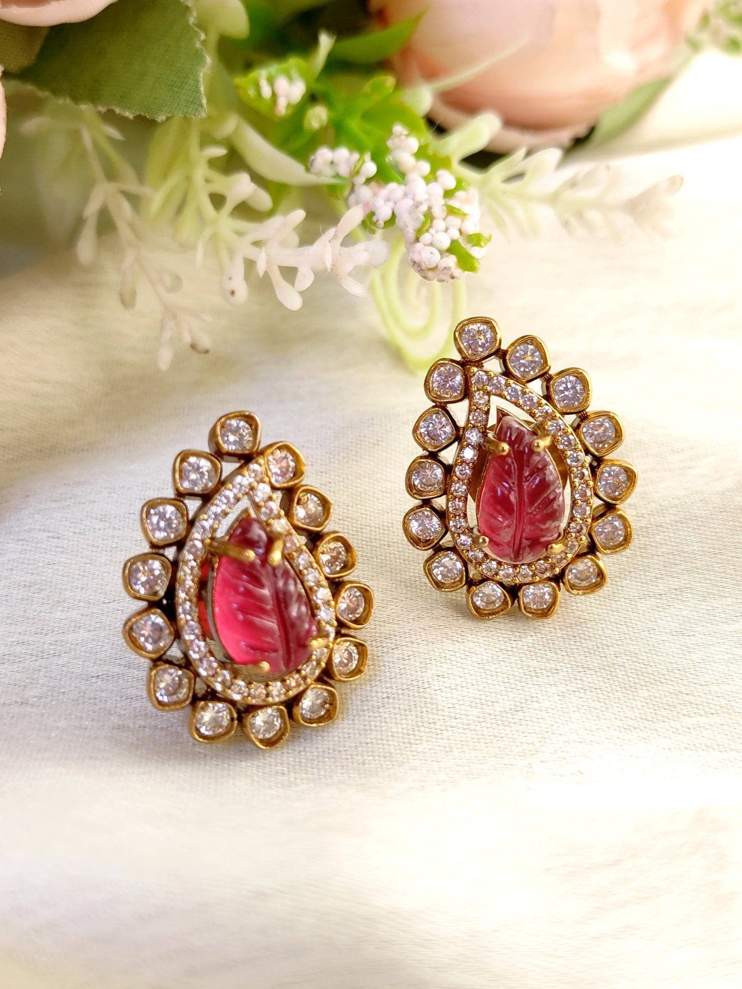 Ruby Leaf Carving Stud Earrings – Premium CZ Detailing