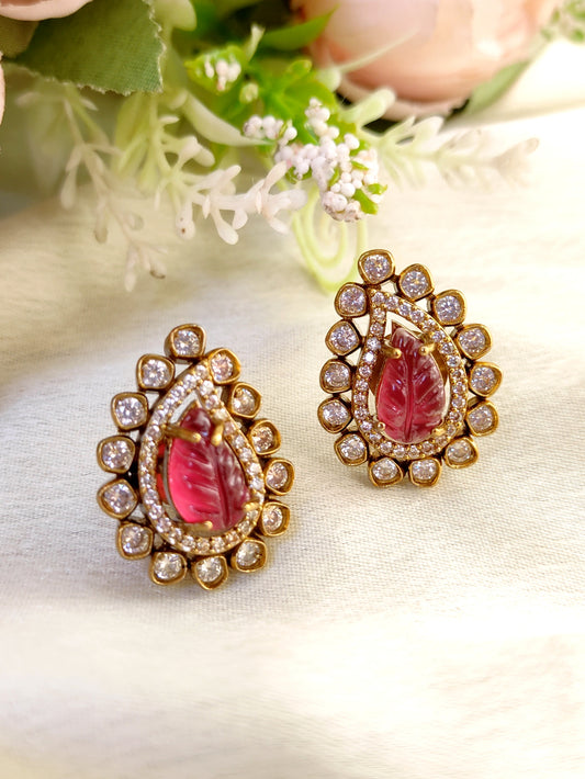Ruby Leaf Carving Stud Earrings – Premium CZ Detailing