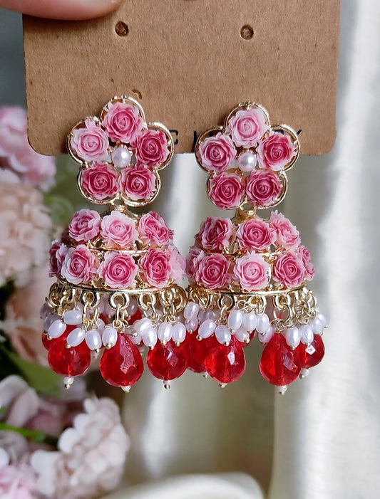 Red Rose Floral Beaded Jhumkas – Vibrant & Handmade Look