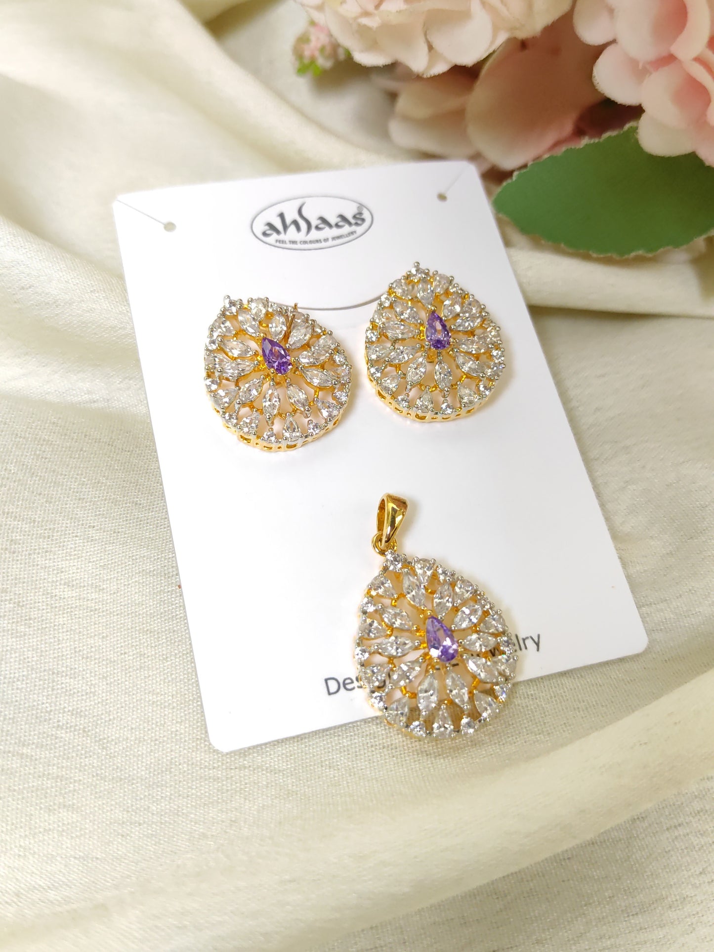 Diamonds look like Purple stone Pendant Set